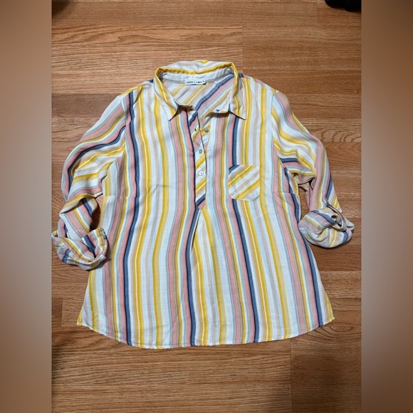 Figueroa & Flower Blouse Womens Petite XL Long Sleeve Striped Tunic Colorful - Picture 1 of 6